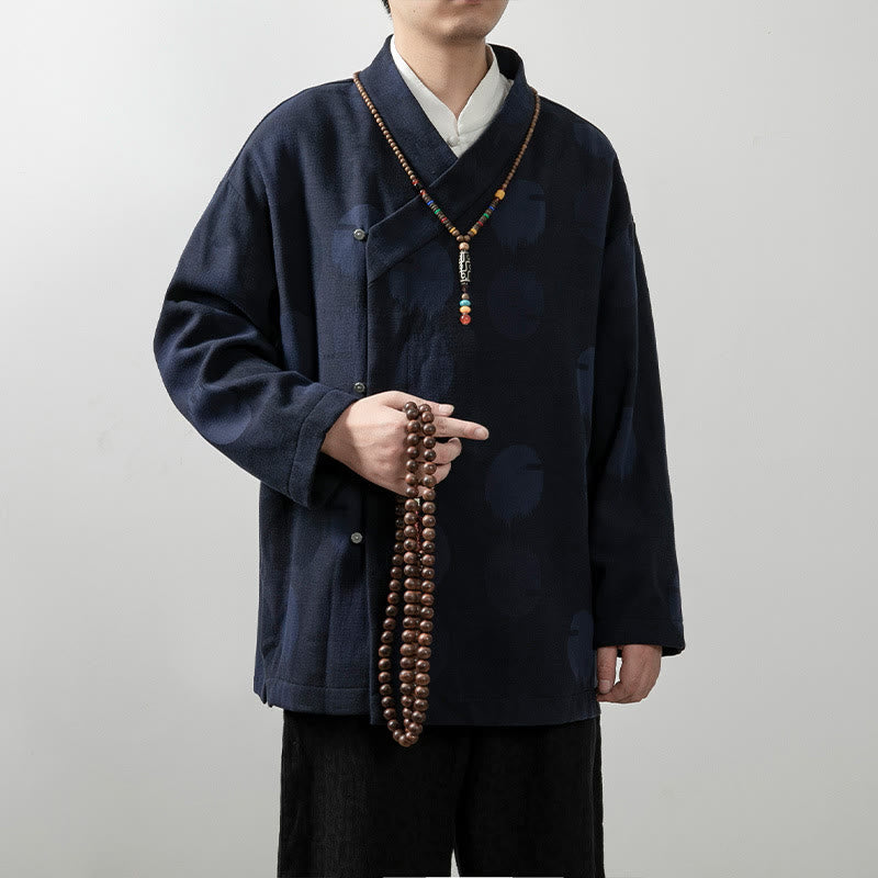 Buddha Stones Solid Color Men's V-Neck Long Sleeve Shirt Jacquard Cotton Clothing - image 1