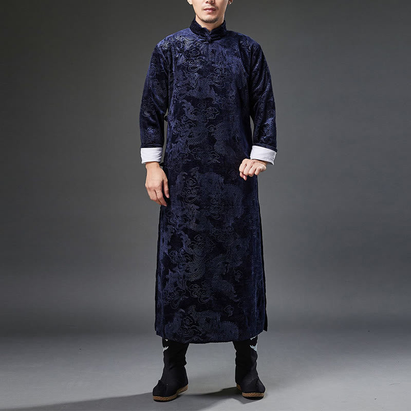 Buddha Stones Vintage Fall Winter Chinese Frog-Button Tang Suit Men's Dragon Jacquard Robe With Pockets - LightSteelBlue - US/UK/AU38，EU48 (XL) - image 0