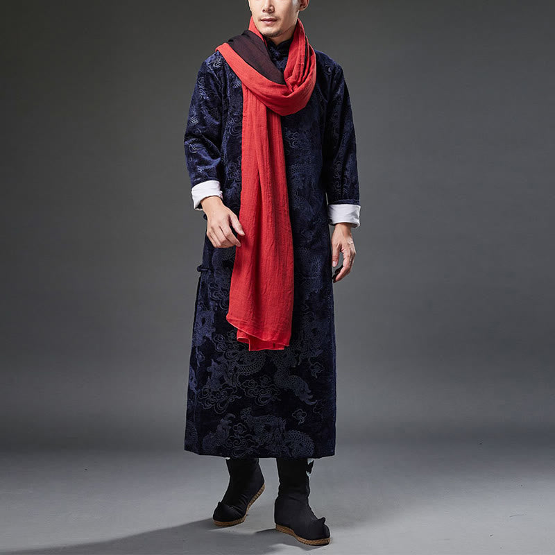 Buddha Stones Vintage Fall Winter Chinese Frog-Button Tang Suit Men's Dragon Jacquard Robe With Pockets - image 7