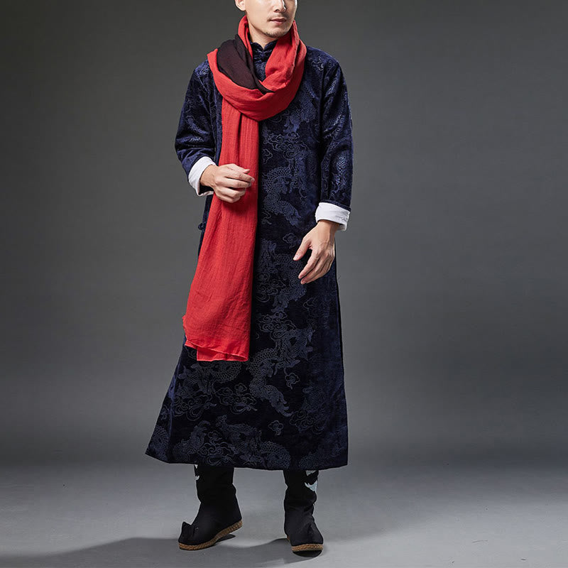 Buddha Stones Vintage Fall Winter Chinese Frog-Button Tang Suit Men's Dragon Jacquard Robe With Pockets - image 8