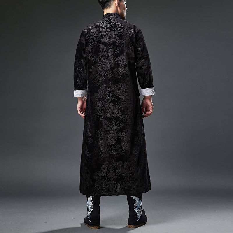 Buddha Stones Vintage Fall Winter Chinese Frog-Button Tang Suit Men's Dragon Jacquard Robe With Pockets - image 17