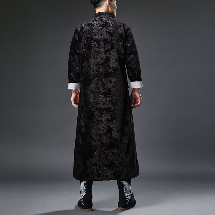 Buddha Stones Vintage Fall Winter Chinese Frog-Button Tang Suit Men's Dragon Jacquard Robe With Pockets - image 17
