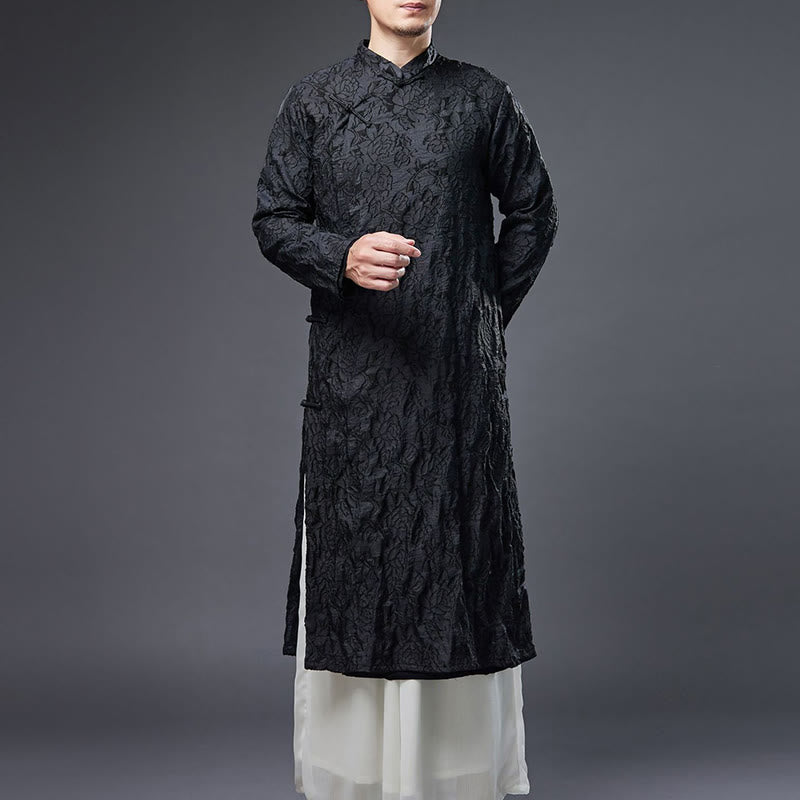 Buddha Stones Fall Chinese Frog-Button Rose Peony Cotton Men's Tang Suit Robe - image 2