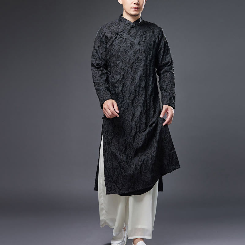 Buddha Stones Fall Chinese Frog-Button Rose Peony Cotton Men's Tang Suit Robe - image 3