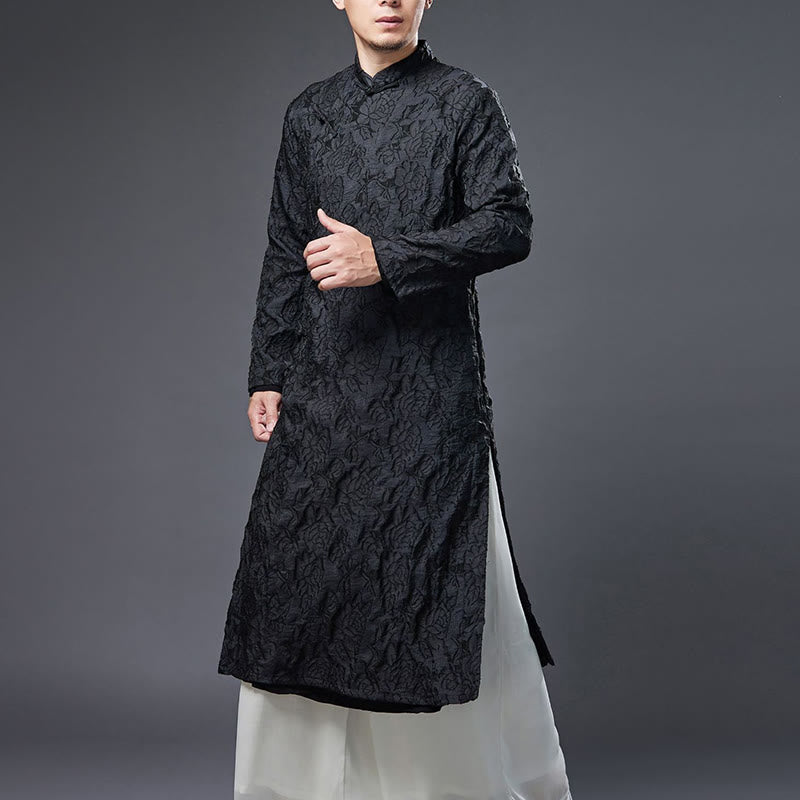 Buddha Stones Fall Chinese Frog-Button Rose Peony Cotton Men's Tang Suit Robe - image 4