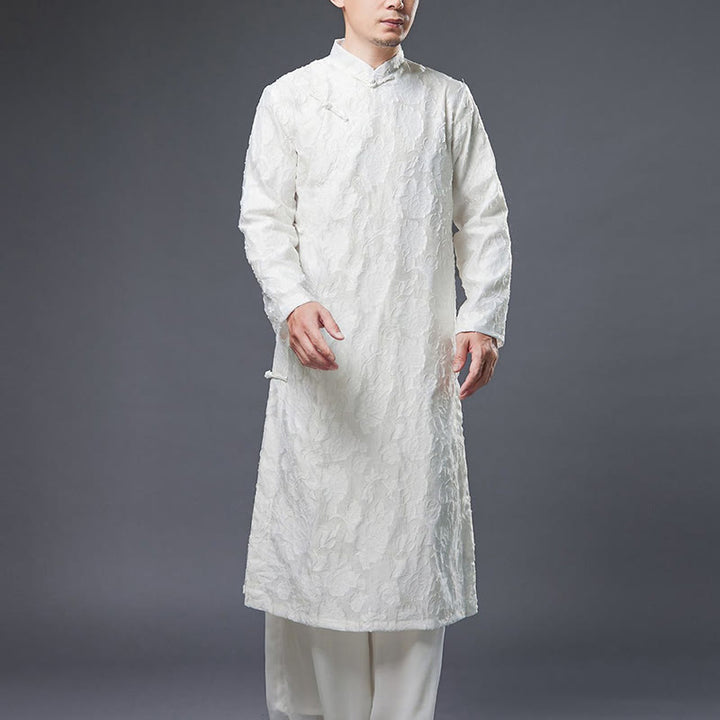 Buddha Stones Fall Chinese Frog-Button Rose Peony Cotton Men's Tang Suit Robe - image 11