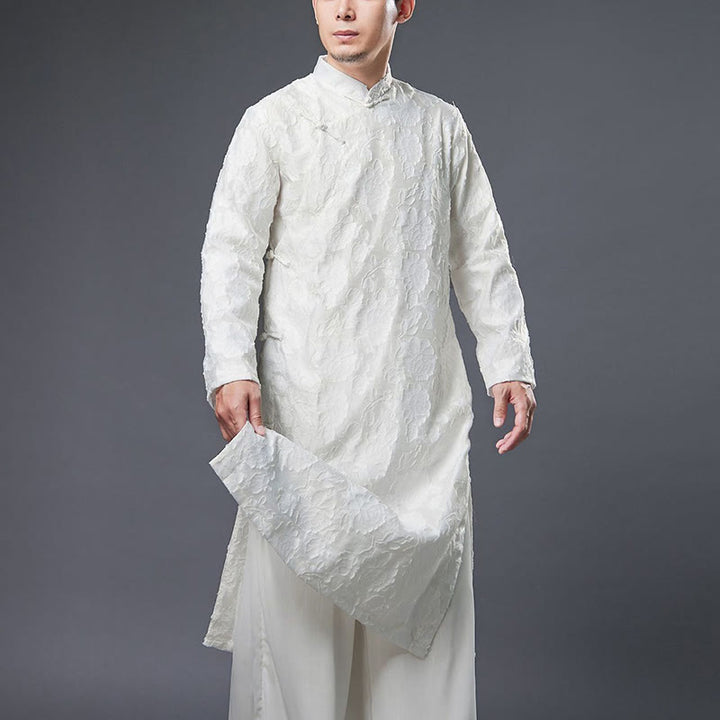 Buddha Stones Fall Chinese Frog-Button Rose Peony Cotton Men's Tang Suit Robe - image 14