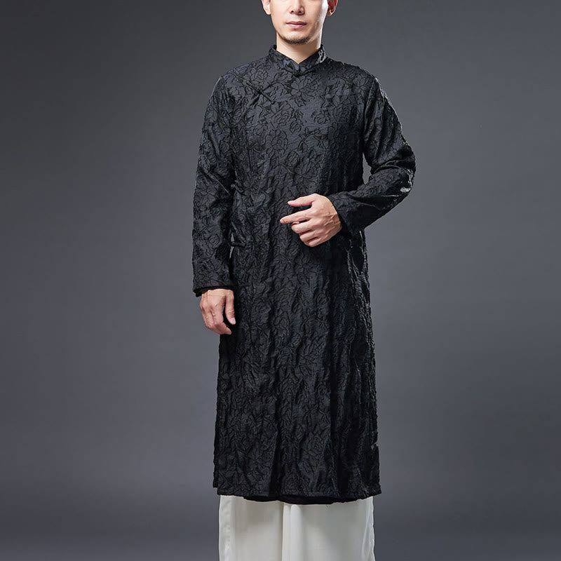 Buddha Stones Fall Chinese Frog-Button Rose Peony Cotton Men's Tang Suit Robe - Black - US/UK/AU38，EU48 (XL) - image 0