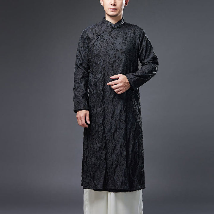 Buddha Stones Fall Chinese Frog-Button Rose Peony Cotton Men's Tang Suit Robe - Black - US/UK/AU38，EU48 (XL) - image 0