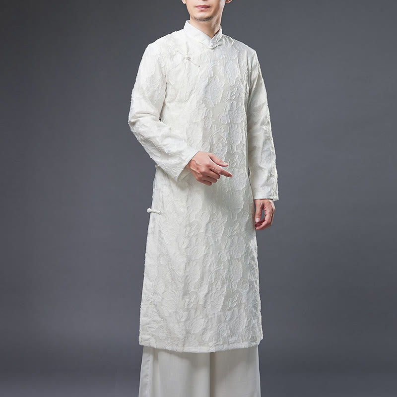Buddha Stones Fall Chinese Frog-Button Rose Peony Cotton Men's Tang Suit Robe - White - US/UK/AU38，EU48 (XL) - image 10