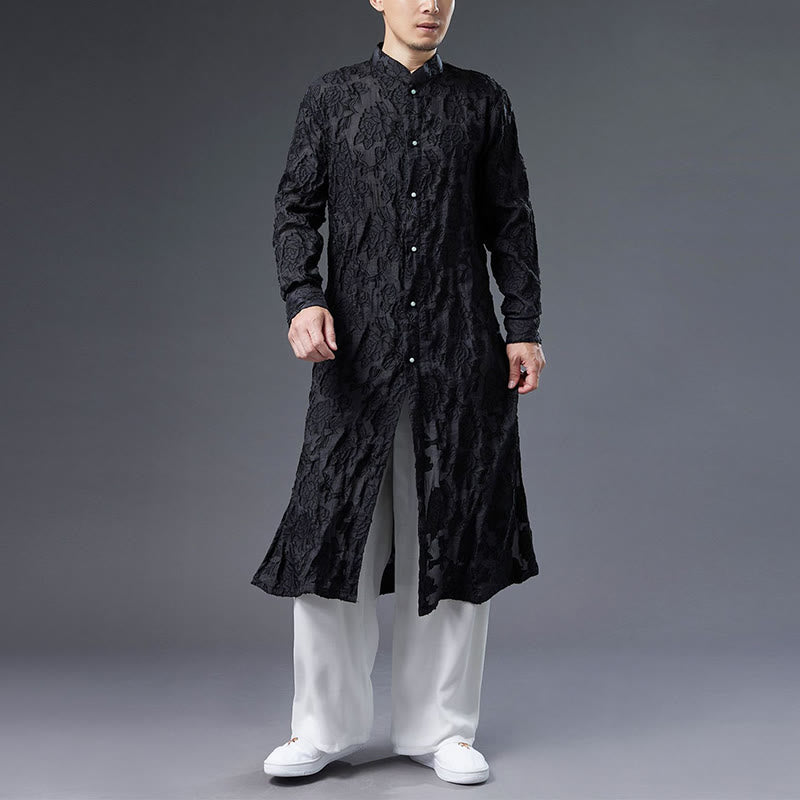 Buddha Stones Fall Peony Flowers Button Down Cotton Coat Men's Tang Suit Robe - Black - US/UK/AU38，EU48 (XL) - image 0