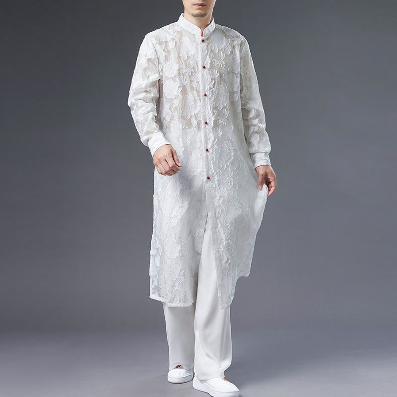 Buddha Stones Fall Peony Flowers Button Down Cotton Coat Men's Tang Suit Robe - White - US/UK/AU38，EU48 (XL) - image 7
