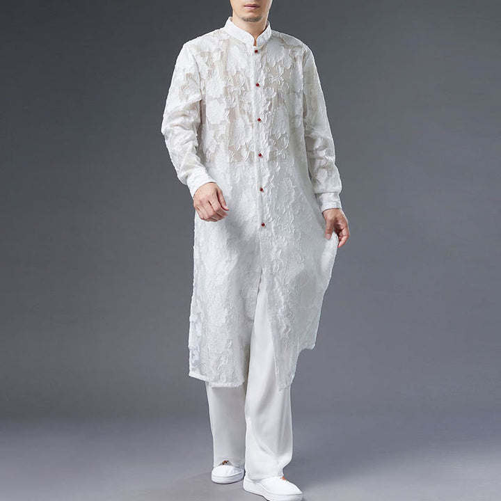 Buddha Stones Fall Peony Flowers Button Down Cotton Coat Men's Tang Suit Robe - White - US/UK/AU38，EU48 (XL) - image 7