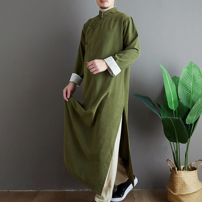 Buddha Stones Fall Solid Color Chinese Frog-Button Men's Tang Suit Robe - image 3