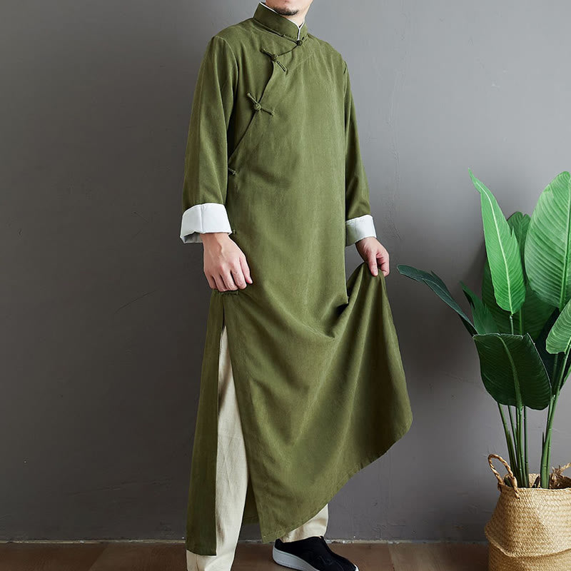 Buddha Stones Fall Solid Color Chinese Frog-Button Cotton Men's Tang Suit Robe - image 6