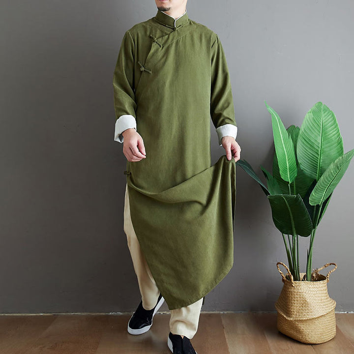 Buddha Stones Fall Solid Color Chinese Frog-Button Cotton Men's Tang Suit Robe - image 7