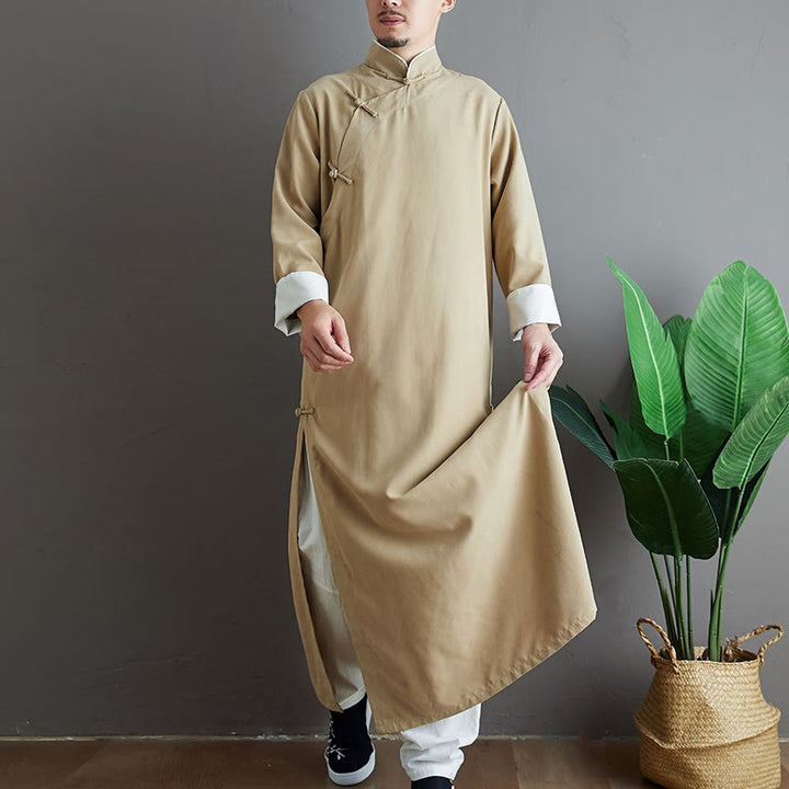 Buddha Stones Fall Solid Color Chinese Frog-Button Cotton Men's Tang Suit Robe - image 14