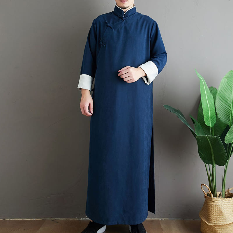 Buddha Stones Fall Solid Color Chinese Frog-Button Cotton Men's Tang Suit Robe - image 25