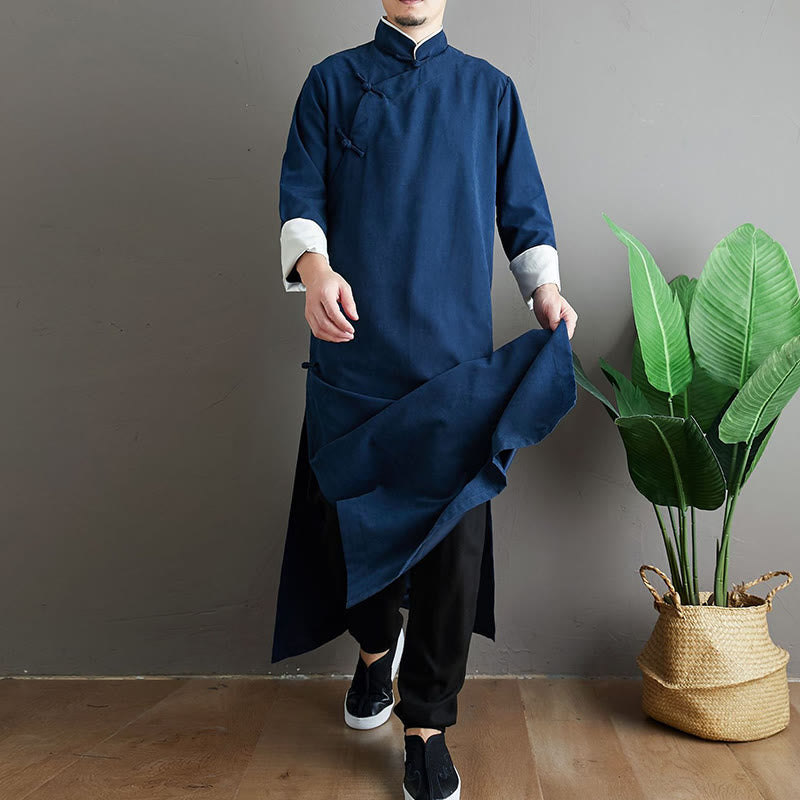 Buddha Stones Fall Solid Color Chinese Frog-Button Cotton Men's Tang Suit Robe - image 23