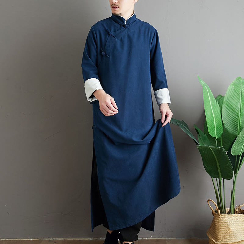Buddha Stones Fall Solid Color Chinese Frog-Button Cotton Men's Tang Suit Robe - image 27