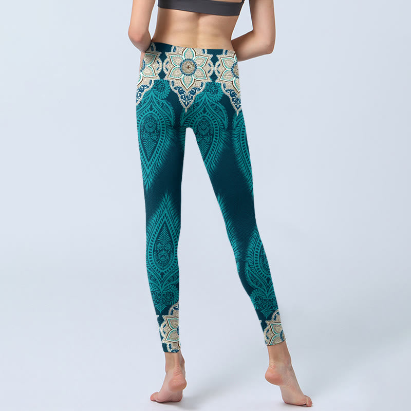 Buddha Stones Green Feather Flower Print Gym Fitness Leggings Women's Yoga Pants - image 6