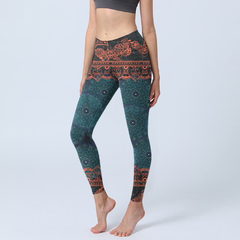 Buddha Stones Green Mandala Flower Print Gym Fitness Leggings Women's Yoga Pants - CadetBlue - US18，UK/AU22，EU50 (4XL) - image 0