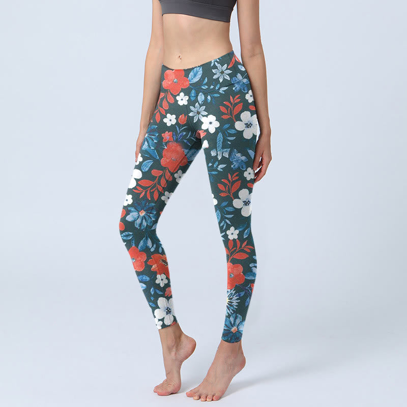 Buddha Stones Red White Flower Dandelion Print Gym Fitness Leggings Women's Yoga Pants - SteelBlue - US18，UK/AU22，EU50 (4XL) - image 0