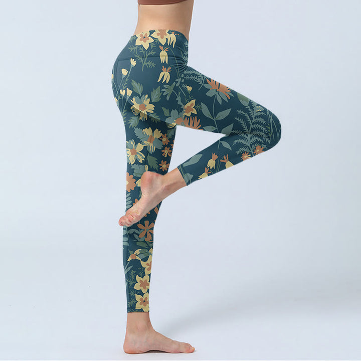 Buddha Stones Casual Daisy Flowers Leaves Print Gym Fitness Leggings Women's Yoga Pants - image 3