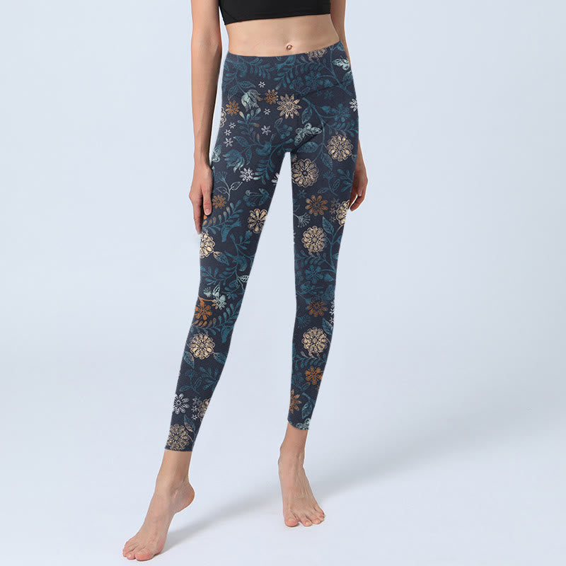Buddha Stones New York Aster Flowers Leaves Print Gym Fitness Leggings Women's Yoga Pants - image 5