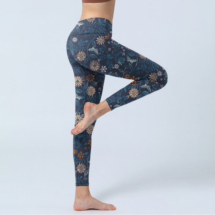 Buddha Stones New York Aster Flowers Leaves Print Gym Fitness Leggings Women's Yoga Pants - image 3
