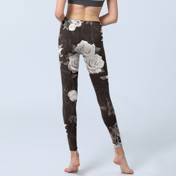 Buddha Stones Gray White Rose Print Gym Fitness Leggings Women's Yoga Pants - image 6