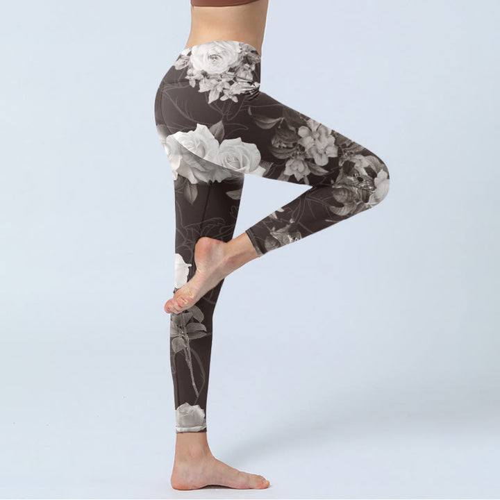 Buddha Stones Gray White Rose Print Gym Fitness Leggings Women's Yoga Pants - image 3