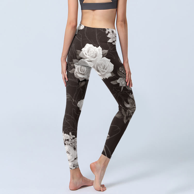 Buddha Stones Gray White Rose Print Gym Fitness Leggings Women's Yoga Pants - image 4