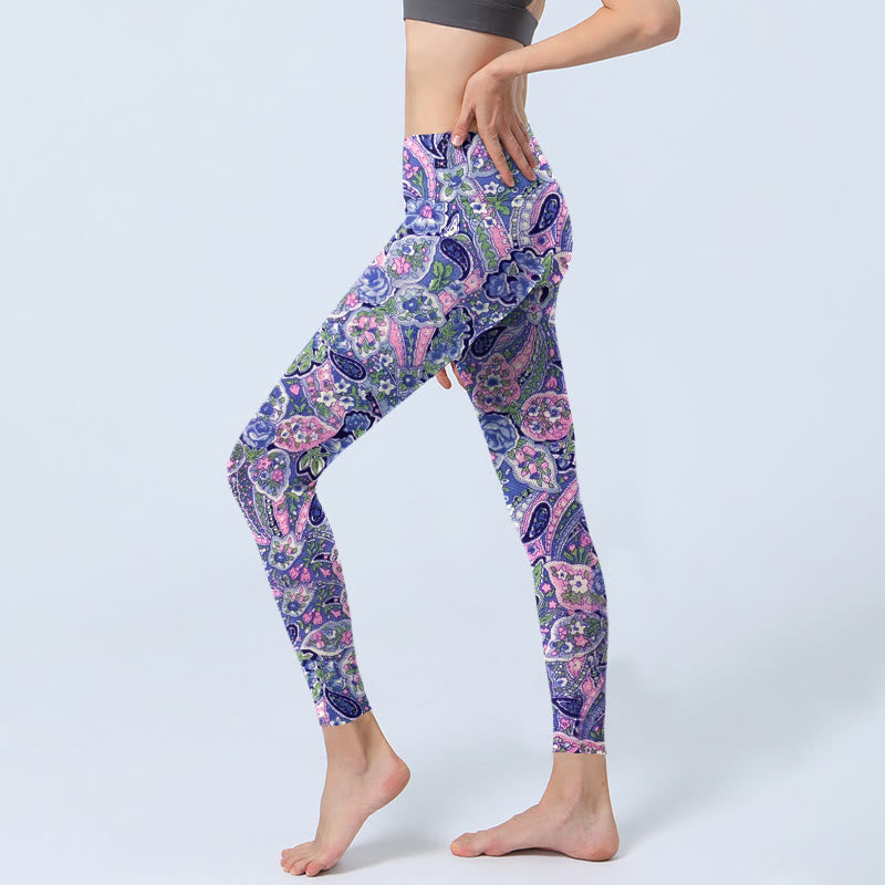 Buddha Stones Purple Pink Cashew Flower Print Gym Fitness Leggings Women's Yoga Pants - image 2