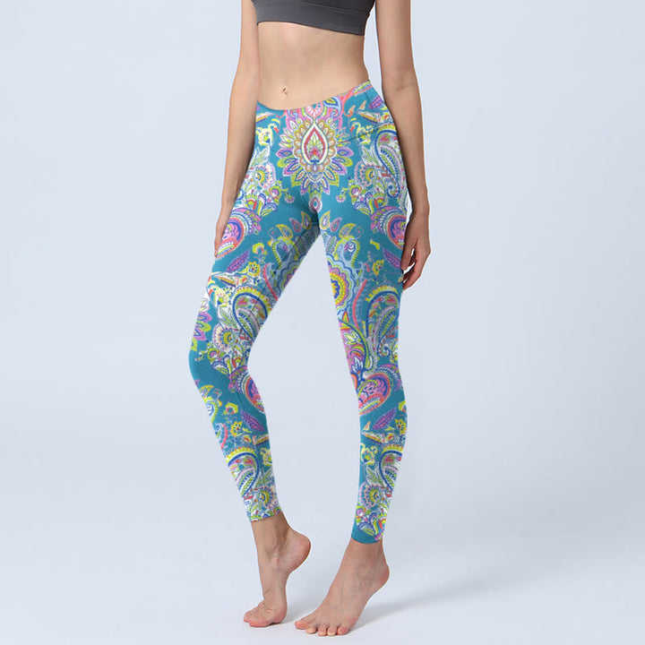 Buddha Stones Blue Pink Green Flower Print Gym Fitness Leggings Women's Yoga Pants - LightSkyBlue - US18，UK/AU22，EU50 (4XL) - image 0