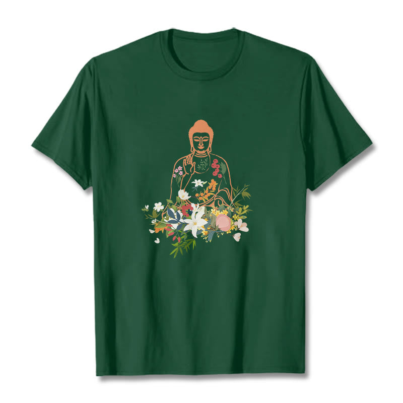 Buddha Stones Meditating Buddha Blooming Flowers Pattern Tee T-shirt - ForestGreen - 2XL - image 10