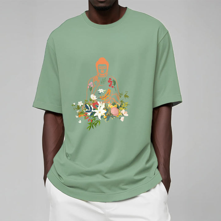 Buddha Stones Meditating Buddha Blooming Flowers Pattern Tee T-shirt - image 15