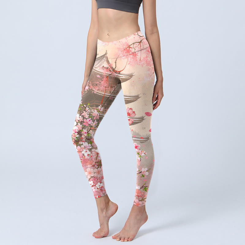 Buddha Stones Pink Sakura Antique Building Print Fitness Leggings Women's Yoga Pants - LavenderBlush - US18，UK/AU22，EU50 (4XL) - image 0