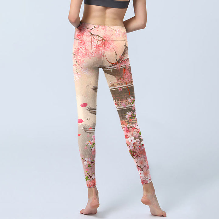 Buddha Stones Pink Sakura Antique Building Print Fitness Leggings Women's Yoga Pants - image 6