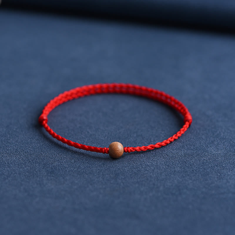Buddha Stones Natural Peach Wood Bead Ward Off Evil Spirits Braided Bracelet - Red Rope - 6mm - Anklet(Circumference 17-30cm) - image 1