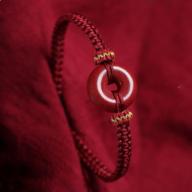 Buddha Stones Handmade Cinnabar Round Peace Buckle Concentration Braided Bracelet - Dark Red Rope(Wrist Circumference 14-19cm) - image 0