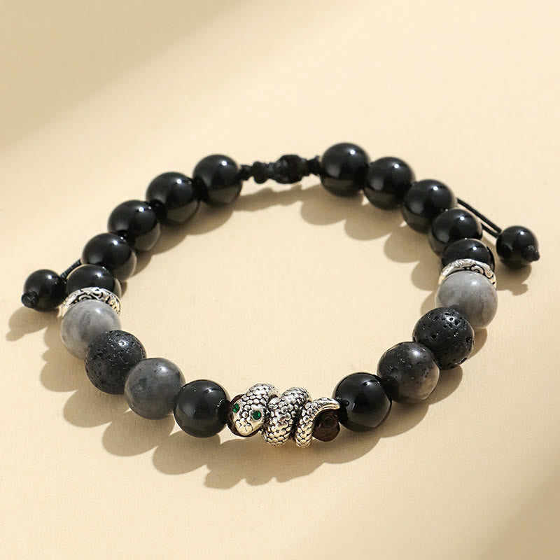 Buddha Stones Black Onyx Black Glitter Stone White Agate White Turquoise Year Of The Snake Protection Bracelet - Black Onyx Black Glitter Stone Snake(Wrist Circumference: 15-17cm) - image 0