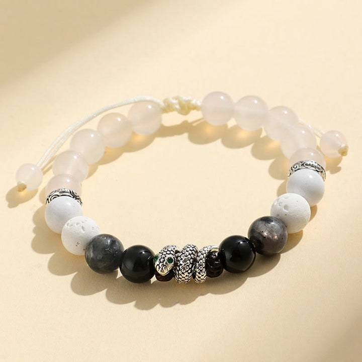 Buddha Stones Black Onyx Black Glitter Stone White Agate White Turquoise Year Of The Snake Protection Bracelet - White Agate White Turquoise Snake(Wrist Circumference: 15-17cm) - image 6