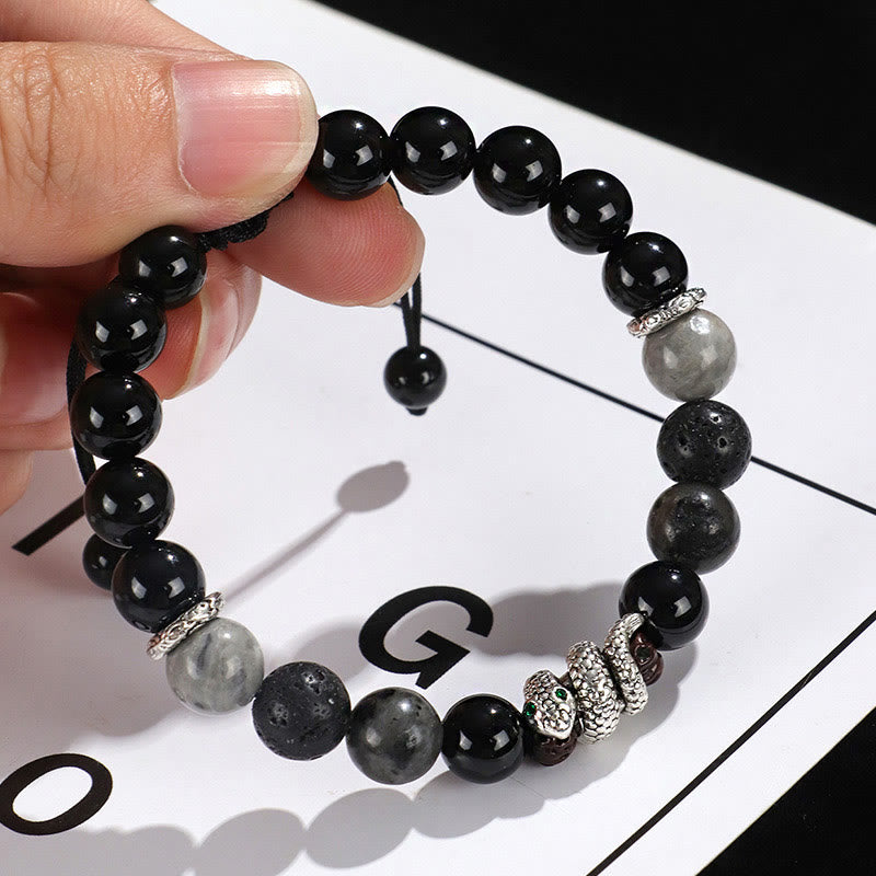 Buddha Stones Black Onyx Black Glitter Stone White Agate White Turquoise Year Of The Snake Protection Bracelet - image 2