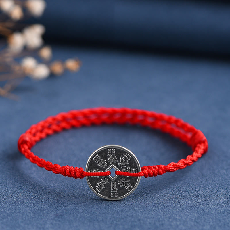 Buddha Stones 925 Sterling Silver Coin Protection Braided Bracelet Anklet - image 11