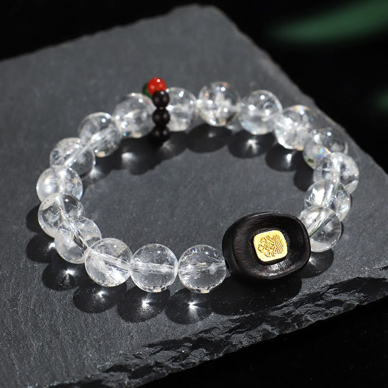 Buddha Stones White Crystal Ebony Wood Sak Yant Zashi Lhamo Healing Bracelet - White Crystal Ebony Wood Sak Yant(Wrist Circumference: 14-16cm) - image 0