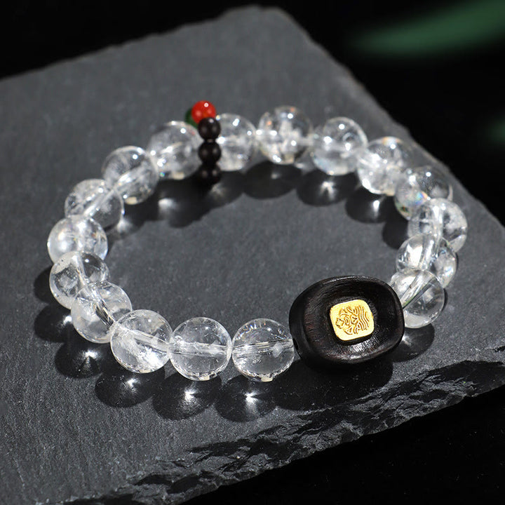 Buddha Stones White Crystal Ebony Wood Sak Yant Zashi Lhamo Healing Bracelet - White Crystal Ebony Wood Sak Yant(Wrist Circumference: 14-16cm) - image 0