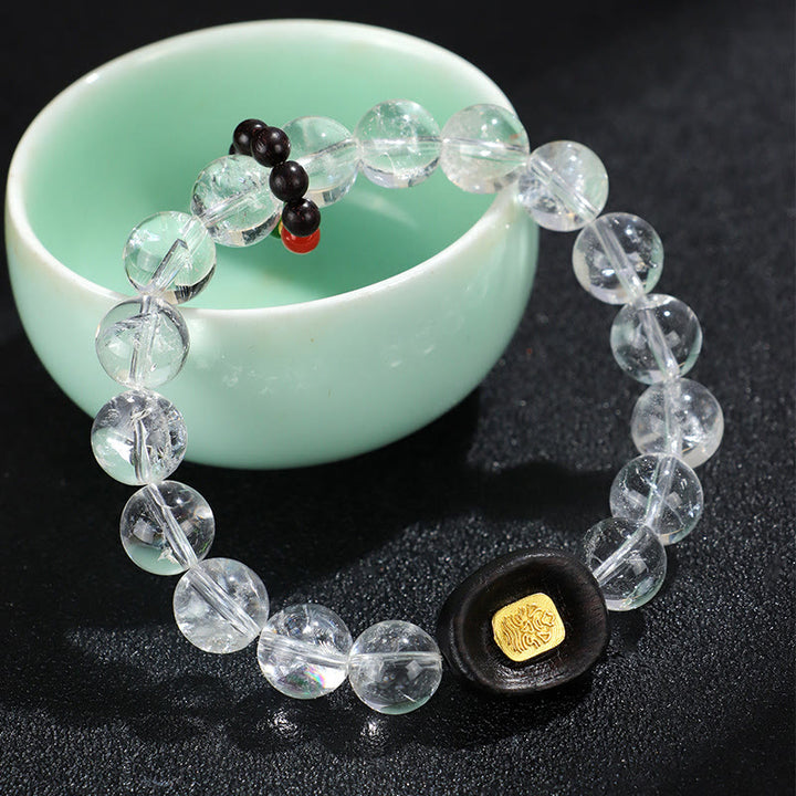 Buddha Stones White Crystal Ebony Wood Sak Yant Zashi Lhamo Healing Bracelet - image 4