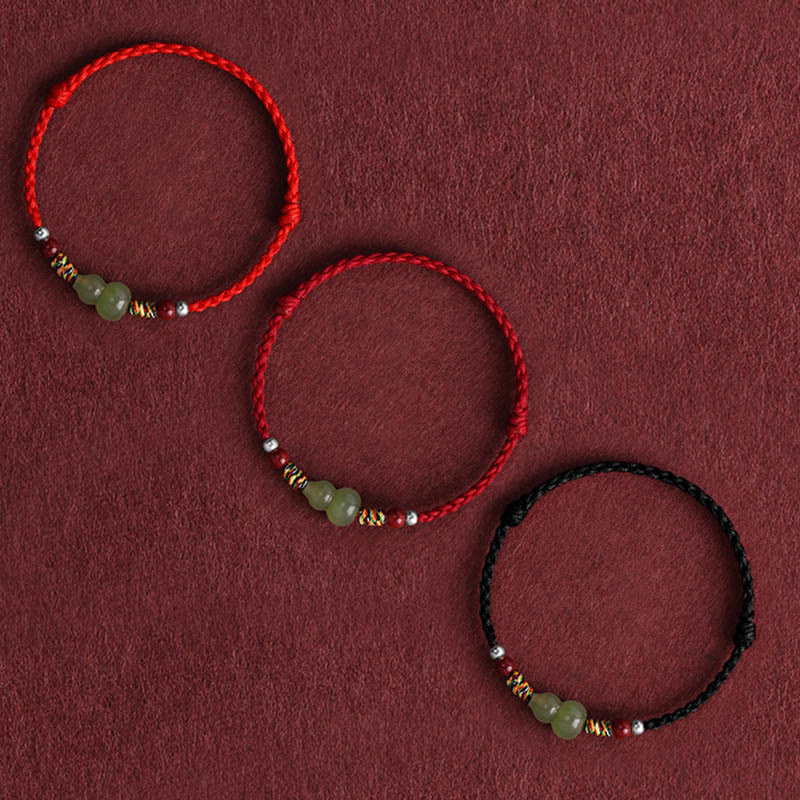 Buddha Stones Natural Hetian Jade Gourd Protection Luck Braided Bracelet Anklet - image 2