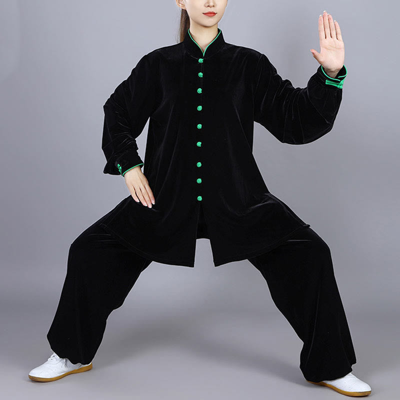 Buddha Stones 2Pcs Fall Winter Tai Chi Meditation Qigong Zen Practice Unisex Velour Plush Clothing Set - Black - 3XL-FIT FOR US/UK/AU/EU-XL - image 0